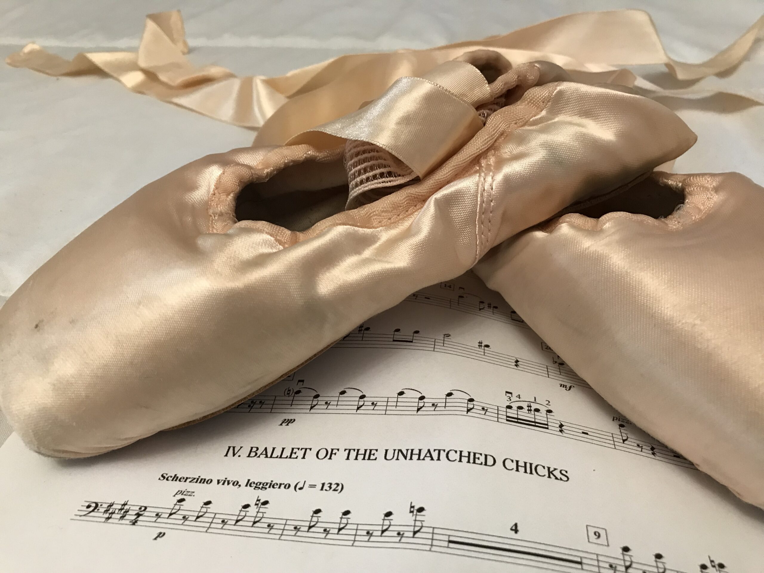 Pink pointe shoes on sheet music.
